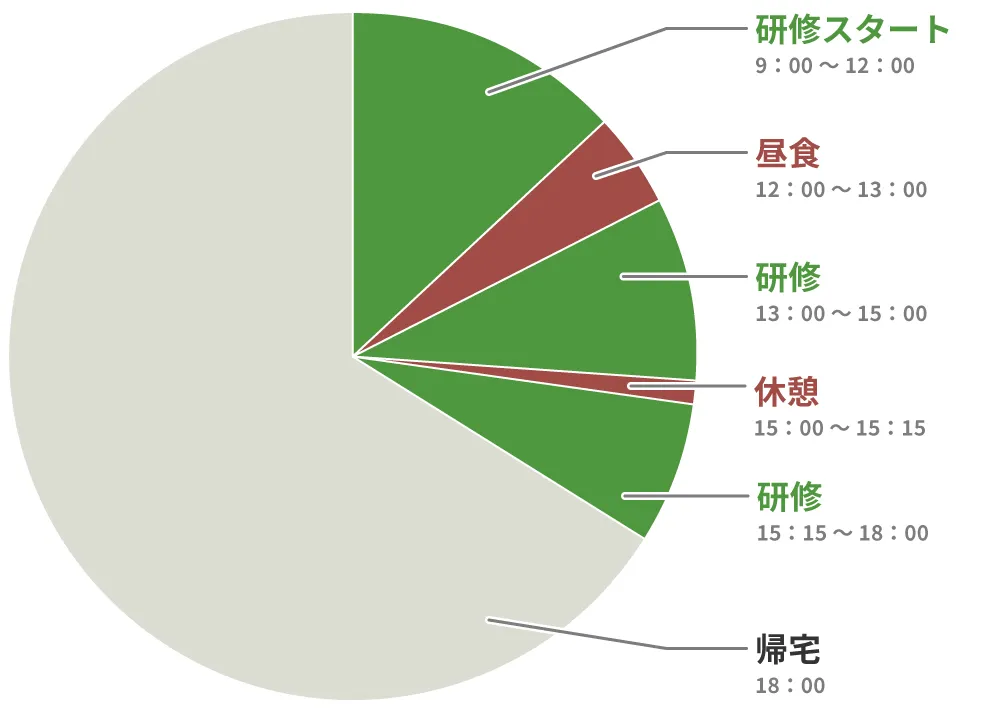 研修スタート9：00～　昼食12：00～　研修13：00～　休憩15：00～　研修16：30～　帰宅18：00